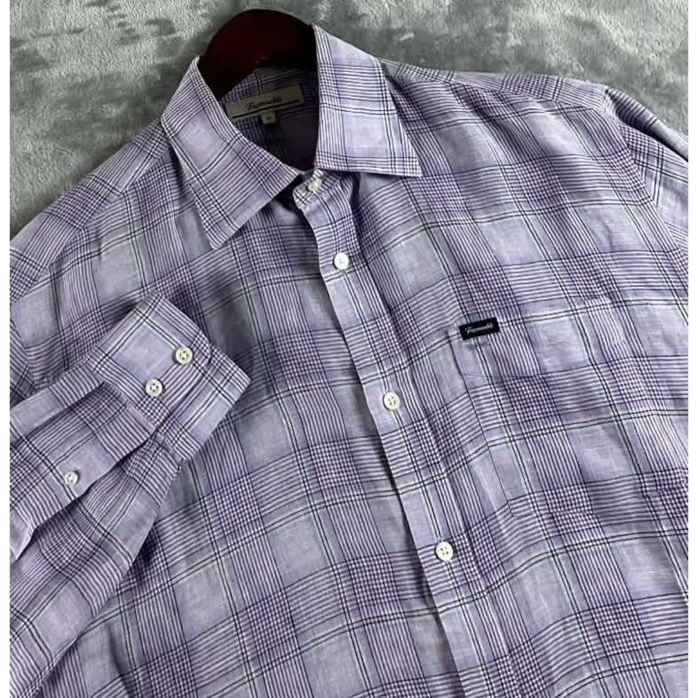 VTG Faconnable Shirt Men Medium Purple Plaid Linen Long Sleeve Button Up Preppy